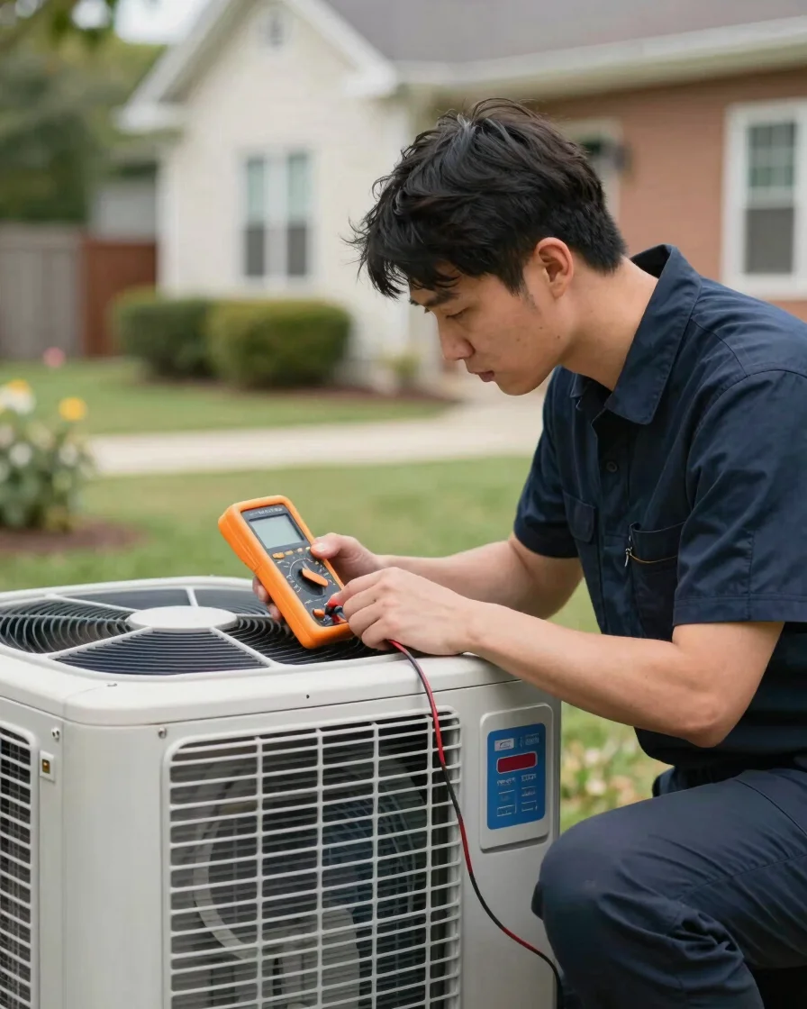 Technician diagnosing a modern outdoor AC unit, focused on a digital multimeter, natural daylight, Louisville residentia