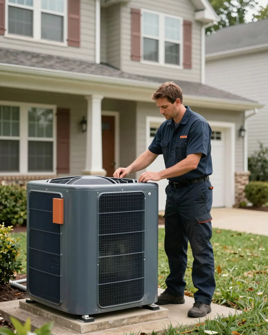 HVAC technician inspecting an outdoor air-conditioning unit at a Louisville-area home
